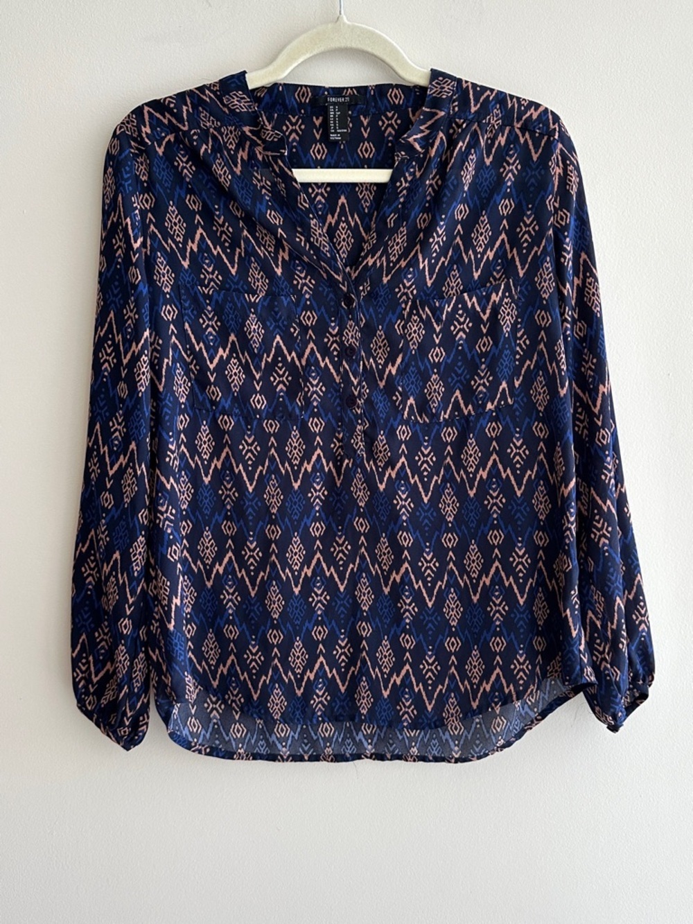 Forever 21 Chiffon Sheer Aztec Print Y2K 3/4 Sleeve Top, Blue/Pink, Size Small
